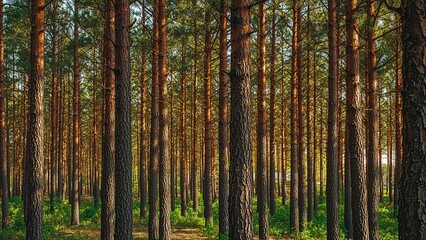 Fototapeta premium Tree trunks in a dense pine forest