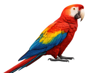 Fototapeta premium Scarlet macaw parrot displaying vibrant red, yellow, and blue feathers, standing profile, transparent background