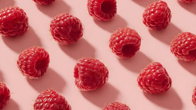 Red raspberries scattered on a pale pink background.