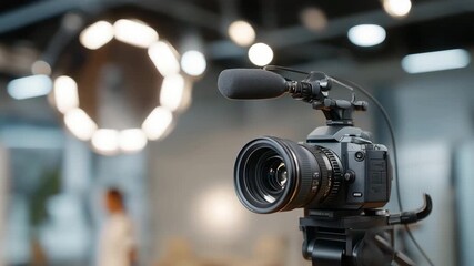 Studio setup with ring lights, DSLR cameras, and microphones arranged for a live recording, emotion of anticipation visible, representing influencer content creation, vlogging, and digital media
