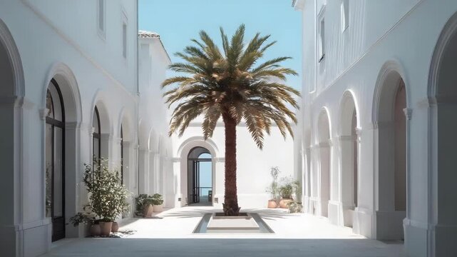 White arcaded courtyard with a central palm tree, flanked by arches and colonnades under a bright blue sky.