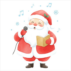 Santa Singing with Microphone, Watercolor Christmas Illustration, White Background
