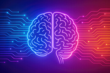 Neon brain graphic with digital circuit pathways in blue and orange on dark background glowing technology