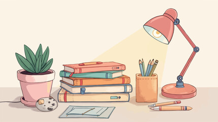 An illustration of a neatly arranged study desk featuring a stack of books, a potted succulent, a lit desk lamp, and various stationery items.