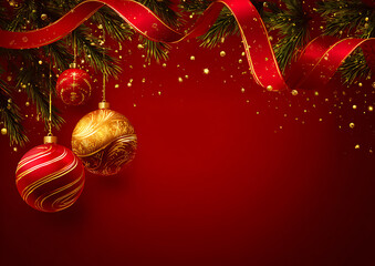 Red Christmas backdrop with decorative pine branches and sparkling ornaments symbolizing warmth, joy, and holiday spirit
