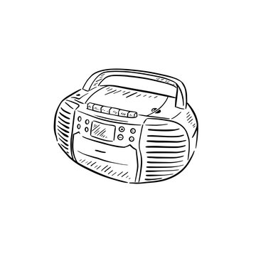 Old school CD player hand drawn in black line. 