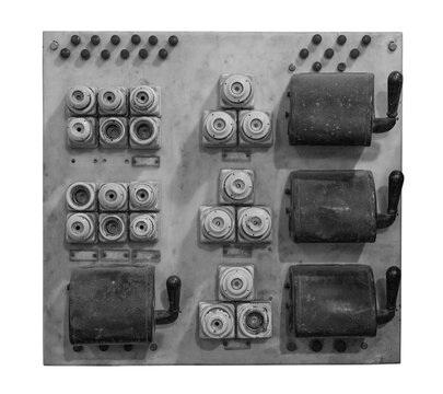 circuit breaker panel with switches and fuses on white, isolated