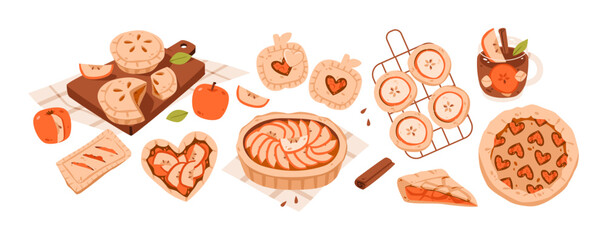 Cozy apple pie with cinnamon and golden crust. Autumn dessert menus and homemade baking. Flat vector illustration of a delicious apple pastry.