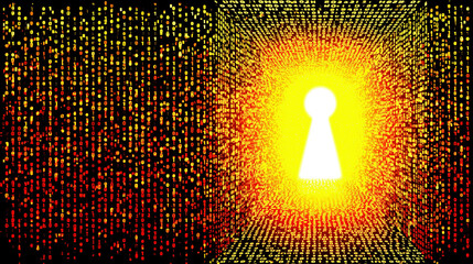 Visual representation of computer security featuring a keyhole surrounded by digital data streams in a vibrant electronic environment