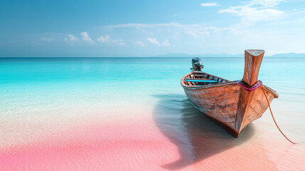 Longtail boat on pink sand beach with turquoise water in thailand