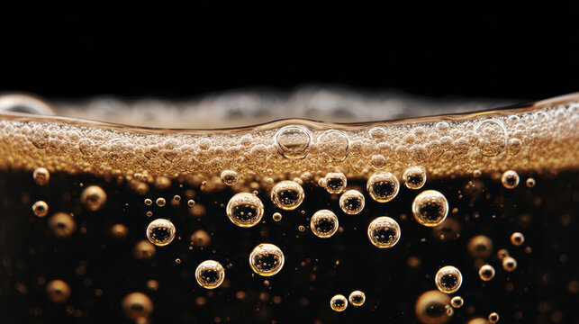 Refreshing close up of carbonated drink with brown foam and many bubbles on black background. This macro view captures fizzy texture and liquid detail of soda pop