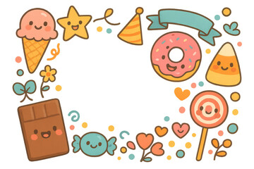 Kids party frame with cute happy desserts characters, candy, ice cream, donut, chocolate bar, and sweets on transparent background