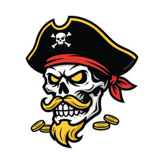 Fototapeta premium Intricate cartoon pirate skull character with tricorn hat, fierce yellow eyes, and golden treasures, a detailed vector illustration