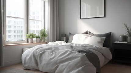 Modern bedroom with a large window on the left side. the window has white curtains and is letting in natural light.