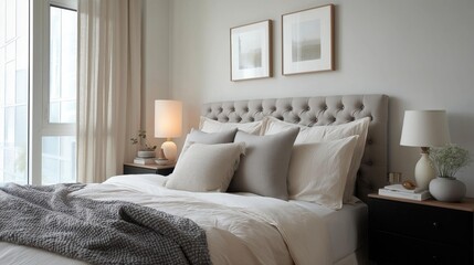 Modern bedroom with a large window on the left side. the window has white curtains and is letting in natural light.