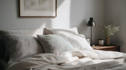 Close-up of a bed with white sheets and pillows. the bed is in a bedroom with a wooden nightstand on the right side of the image.