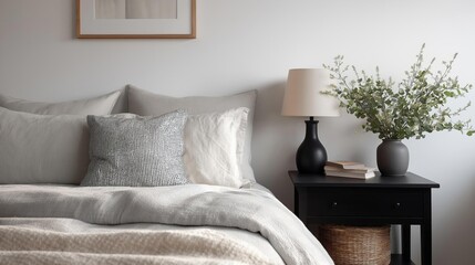Bedroom with a bed in the center. the bed has a white comforter and several gray pillows with black and white patterns.