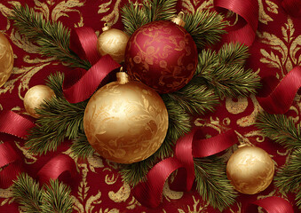 Red Christmas backdrop with decorative pine branches and sparkling ornaments symbolizing warmth, joy, and holiday spirit
