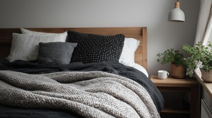 Bedroom with a bed in the center. the bed has a wooden headboard and is covered with a black and white blanket and two pillows.