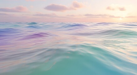 Ocean waves ripple under a pastel sunrise, with soft pink and purple hues reflecting in the water.