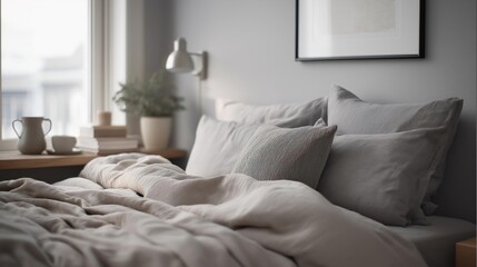 Bedroom with a large window on the left side. the window has a white frame hanging on the wall above it. on the right side of the window, there is a wooden nightstand with a lamp and a potted plant.
