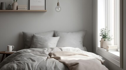 Modern bedroom with a large window on the right side. the window has white curtains and is letting in natural light.
