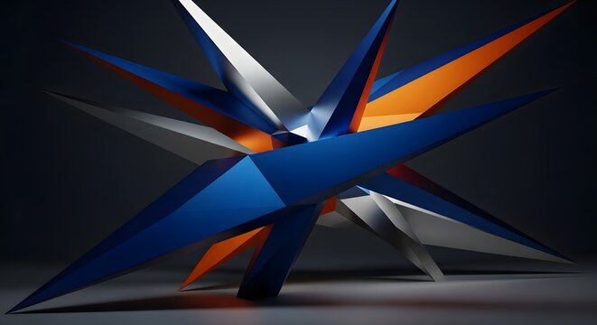Abstract geometric sculpture with sharp, angular shapes in blue, orange, and white against a dark background.