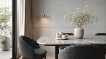 Modern dining room with a round wooden table in the center. the table is made of light-colored wood and has a white vase with white flowers in it. on the table, there are two white cups and a saucer.