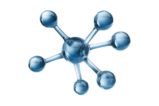 Transparent blue molecule structure with six spherical atoms on black background science chemistry, Png, Isolated on Transparent Background, Cut Out