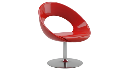 Modern red armchair with a round seat and metal base isolated on transparent background