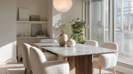 Modern dining room with a large wooden table in the center. the table is made of light-colored wood and has a marble top. there are six white chairs around the table, each with a unique design.