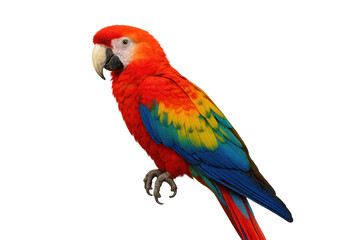 Fototapeta premium Scarlet macaw portrait showing vibrant red, blue, and yellow feathers, representing tropical birds, exotic animals. Transparent background