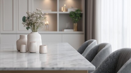 Modern dining table with a white marble countertop. on the table, there is a vase with white flowers in it, two small vases, and three small cups.