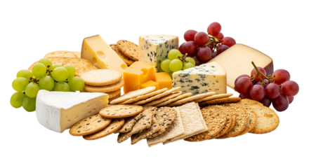 Cheese and Cracker Platter with Grapes and Assorted Cheeses on Transparent Background