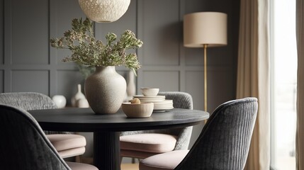 Modern dining room with a round wooden table in the center. on the table, there is a large vase with a bunch of green flowers in it.