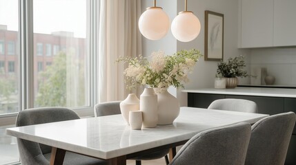 Modern dining room with a large window on the left side. the window has white curtains and offers a view of the city.