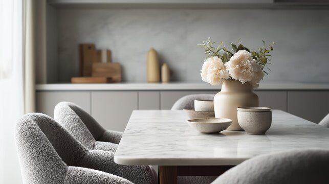 Modern dining table with a white marble top. on the table, there is a vase with white flowers and greenery in it. next to the vase, there are two small bowls and a small bowl.