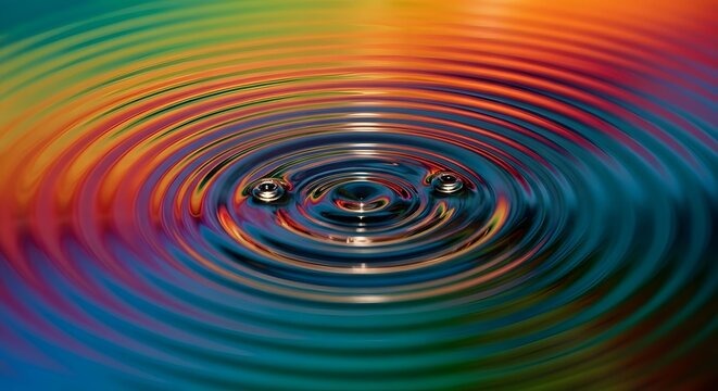 Water droplets create concentric ripples on a vibrant, multicolored surface, showcasing fluid dynamics and abstract art. - Powered by Adobe