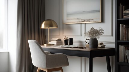 Corner of a room with a desk and a chair. the desk is made of wood and has a black finish.