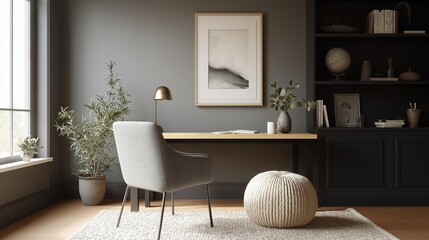 Modern home office with a minimalist design. the walls are painted in a dark grey color and the floor is made of light-colored wood.
