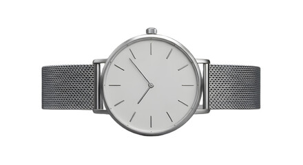 Minimalist wristwatch with a silver mesh strap isolated on transparent background for telling the time