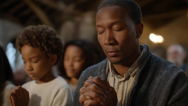 Family kneeling in prayer during a Christmas service, emotion of devotion and gratitude visible, symbolizing spiritual reflection, holiday faith practices, and meaningful church traditions.