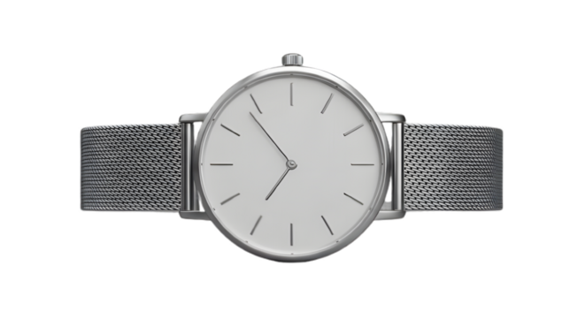Minimalist wristwatch with a silver mesh strap isolated on transparent background for telling the time