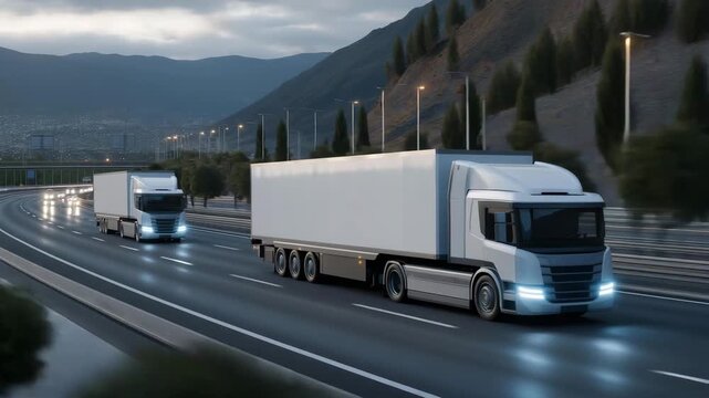 Futuristic autonomous electric trucks gliding smoothly on smart highways with integrated digital traffic monitoring systems and glowing lane markers, emotion of technological progress and
