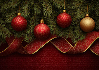 Red Christmas backdrop with decorative pine branches and sparkling ornaments symbolizing warmth, joy, and holiday spirit