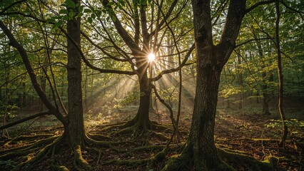 Fototapeta premium Tree branches illuminated by sunlight in a woodland landscape.