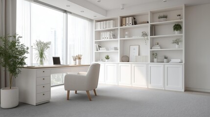 Modern home office with a large window on the left side. the window has white curtains and offers a view of the city skyline.