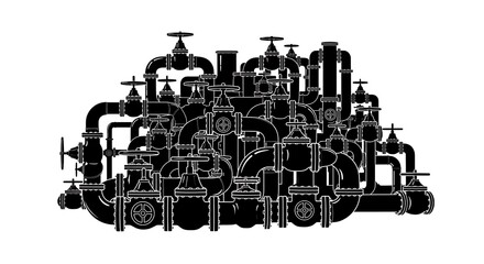 Obraz premium Complex Industrial Piping System Illustration in Black and White.