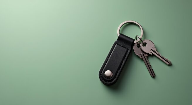Keychain with two keys on it on a green surface