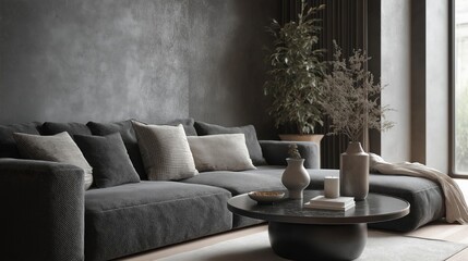 Modern living room with a large gray sectional sofa against a dark grey wall. the sofa has several gray and white striped throw pillows on it.